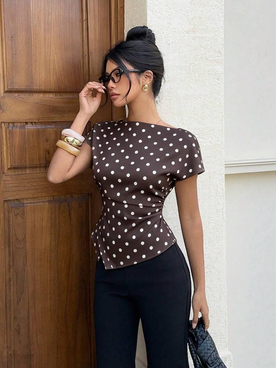 siren gaze brown and white polka dot ruched blouse