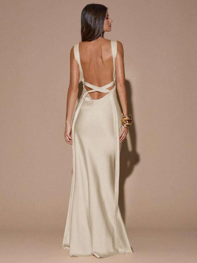 elegant beige sleeveless backless v-neck satin maxi dress