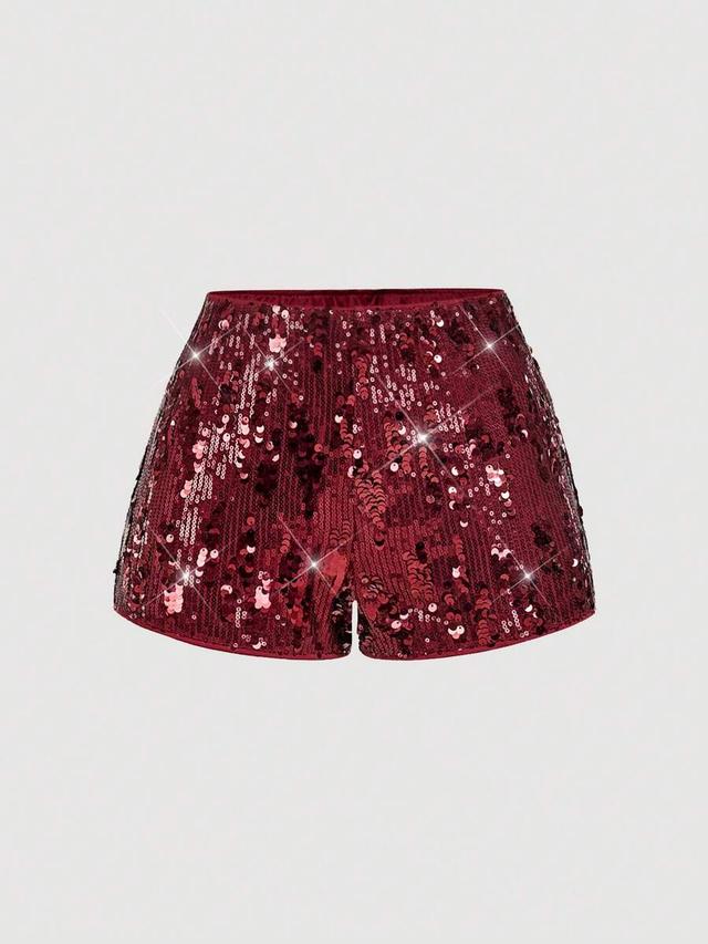 burgundy sequin embellished high waisted shorts