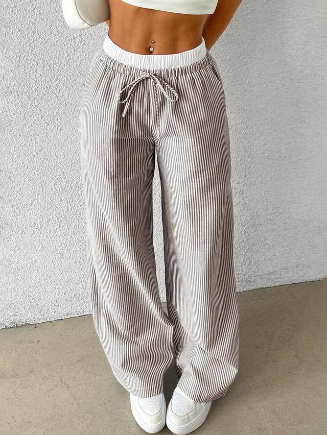 brown stripes striped woven casual wide leg pants