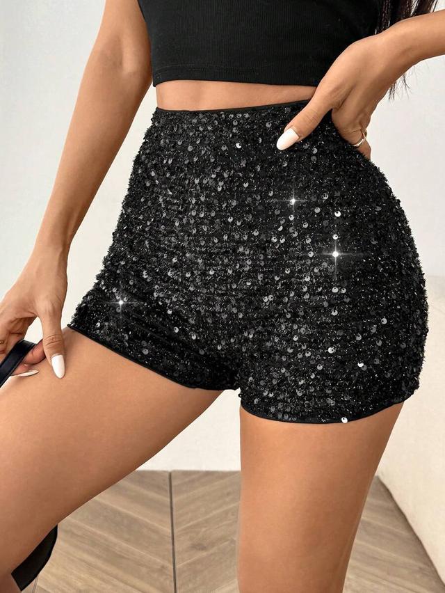 black sequin knit high-waisted skinny shorts