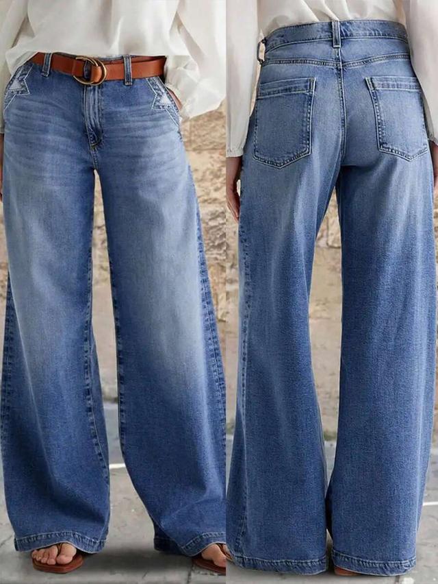 washed stretch wide leg straight denim jeans