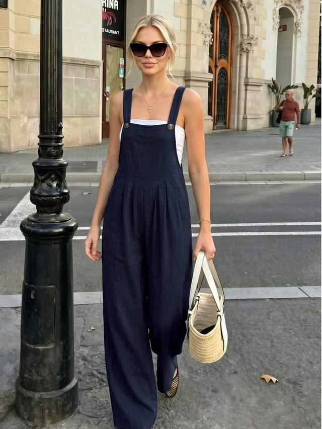 navy blue casual wide leg button strap jumpsuit