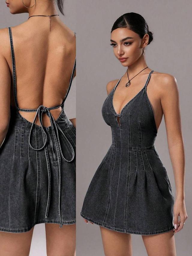 solid color minimalist tie-up denim dress
