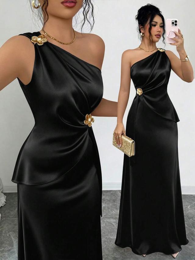 elegant black satin one-shoulder mermaid dress with metal floral