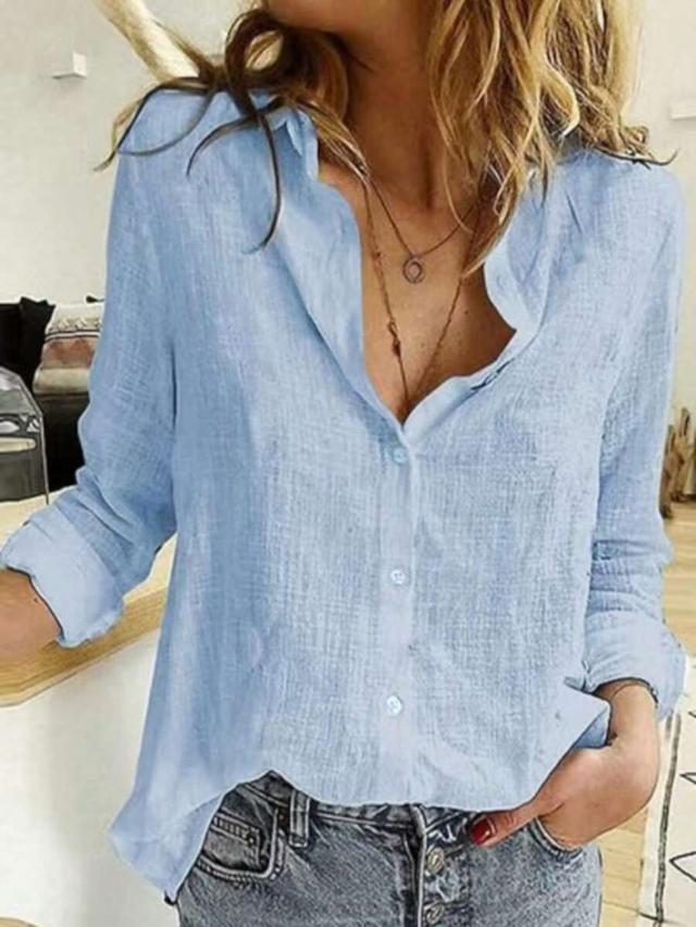 solid light blue linen blend button down shirt