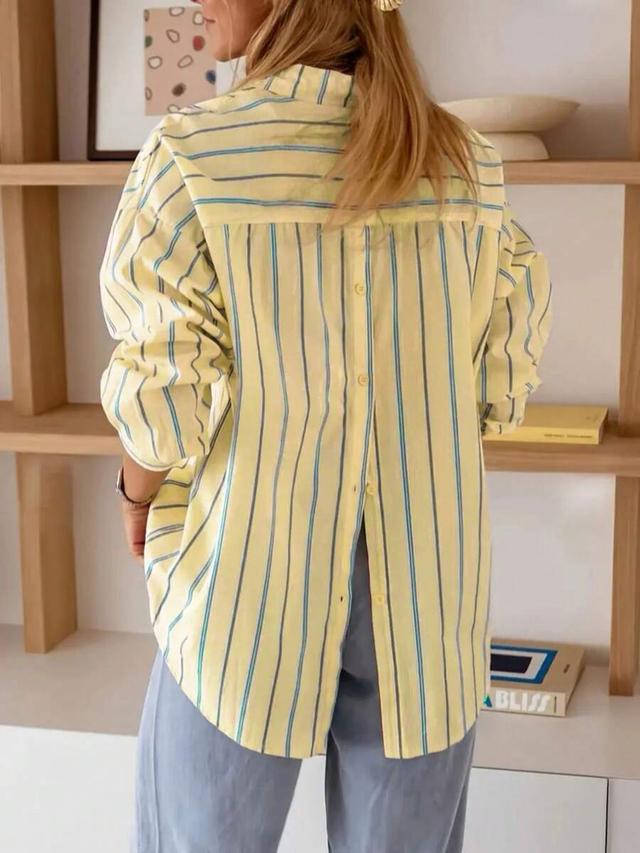 women's casual striped pocket front button back long sleeve shirt