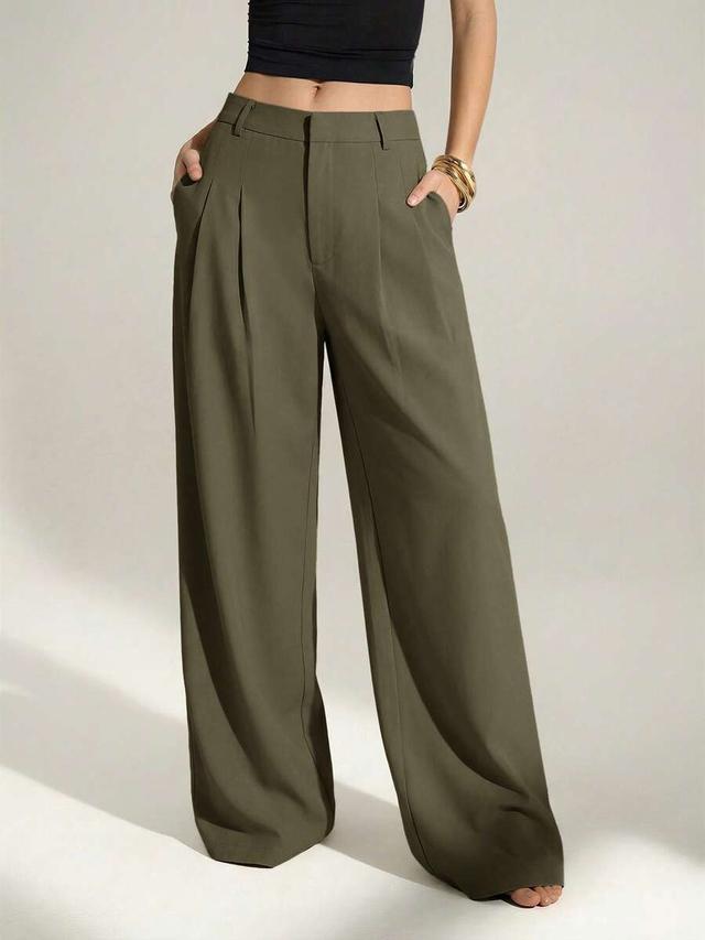 olive green high waist pleated wide leg trousers