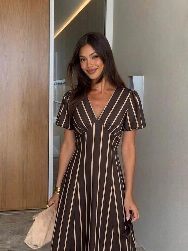 brown and beige striped v-neck puff sleeve dress