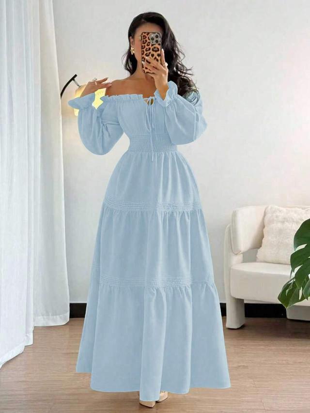 light blue off-shoulder puff sleeve tiered maxi dress