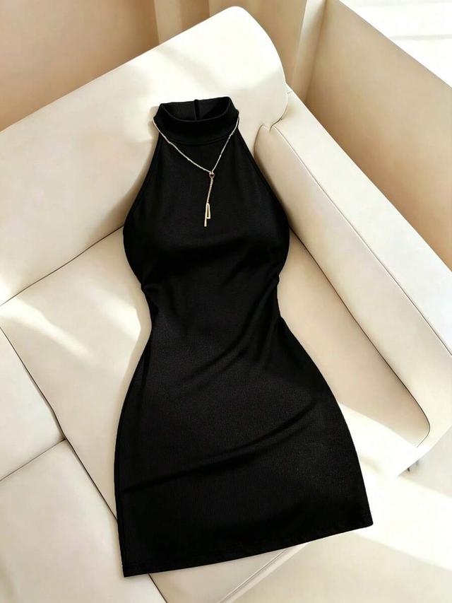 solid black sleeveless fitted mock neck mini dress