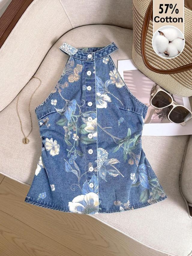 floral print denim halter neck button down top