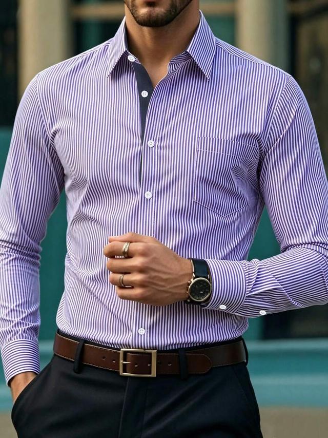 men's purple striped long sleeve formal shirt