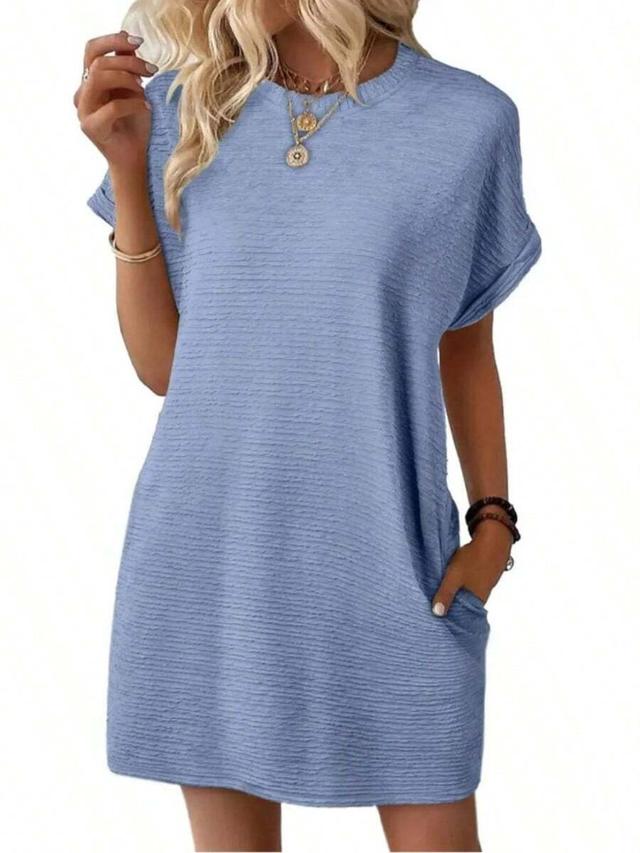 light blue textured shift dress with short sleeves
