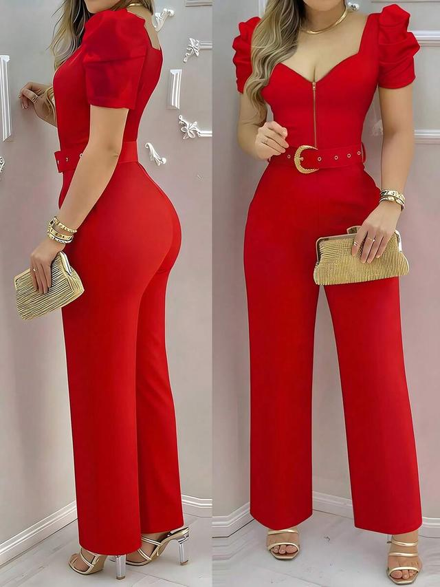 red v-neck half-zip lantern sleeve jumpsuit