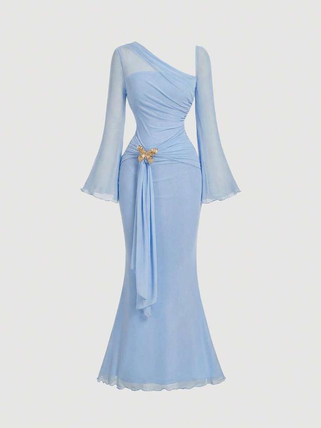 baby blue asymmetric shoulder flare sleeve evening gown