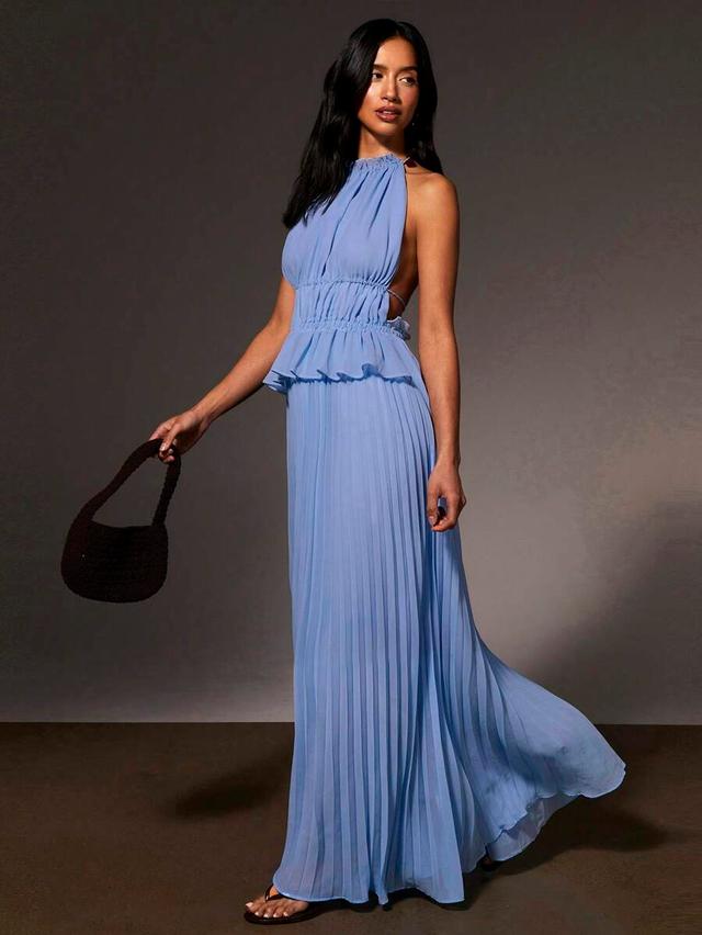 elegant blue sleeveless halter pleated maxi dress