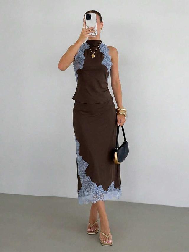 dark brown contrast blue lace patchwork sleeveless set