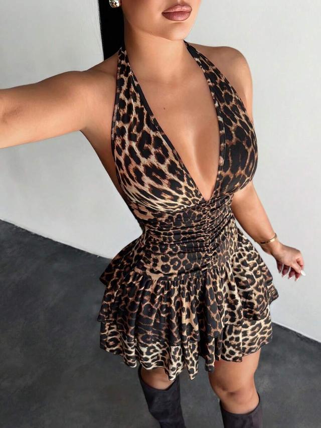 leopard print halter neck ruched mini dress