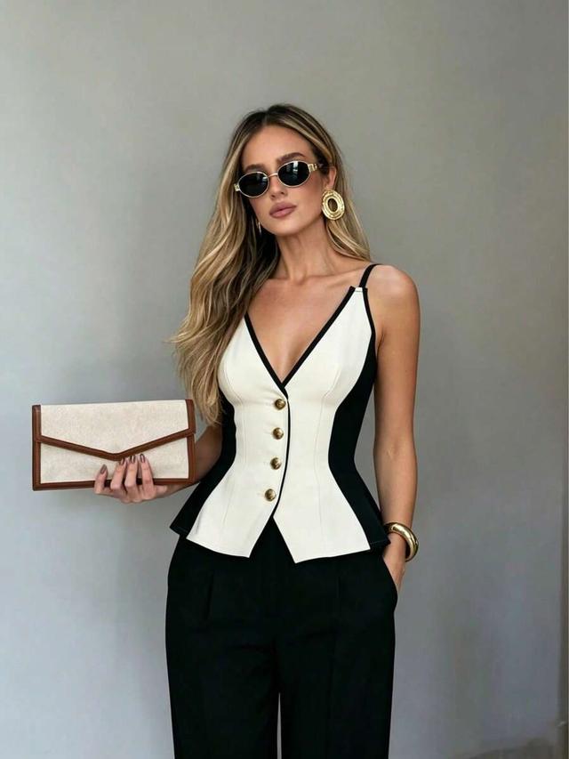 elegant white and black v-neck tailored camisole shirt