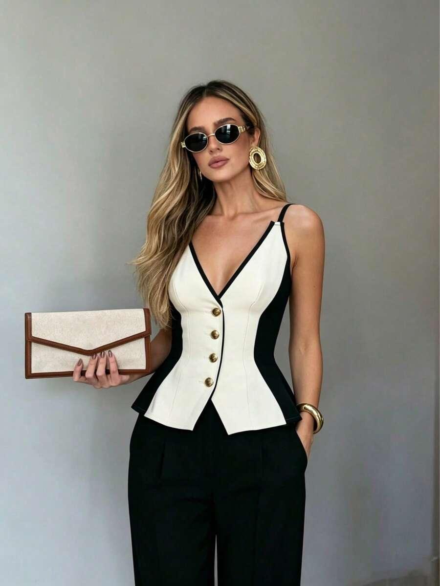 elegant white and black v-neck tailored camisole shirt
