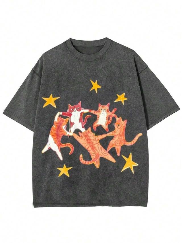 casual short-sleeved round-neck shirt with cat graphic