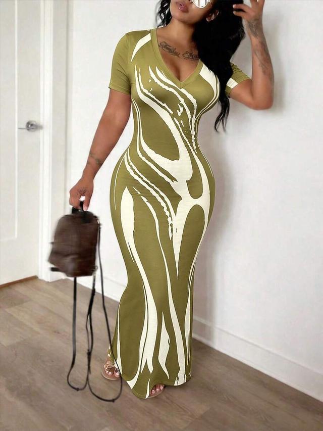 olive and cream abstract print v-neck maxi dress