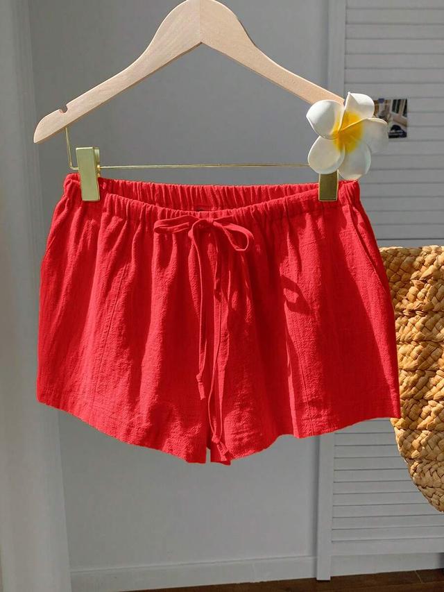 casual red drawstring loose fit shorts