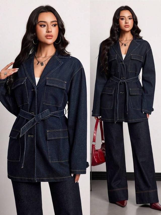 dark wash denim belted utility jacket