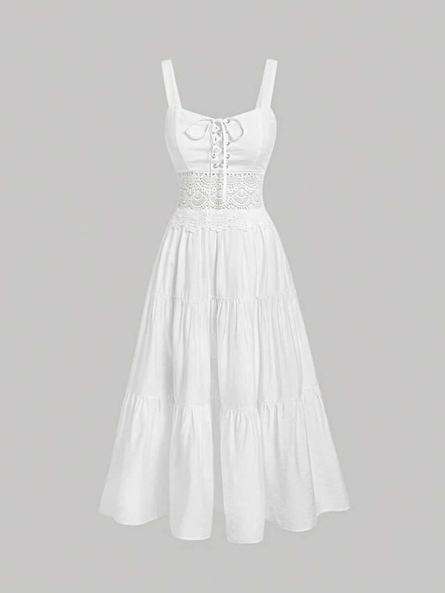 white solid ruffle hem lace-up cami dress