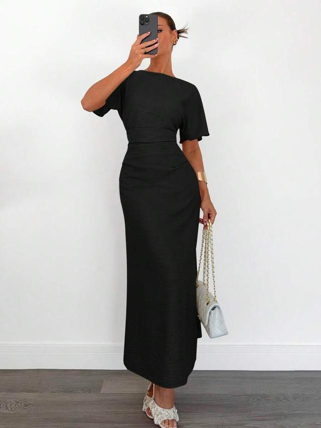 black linen blend short sleeve bodycon midi dress