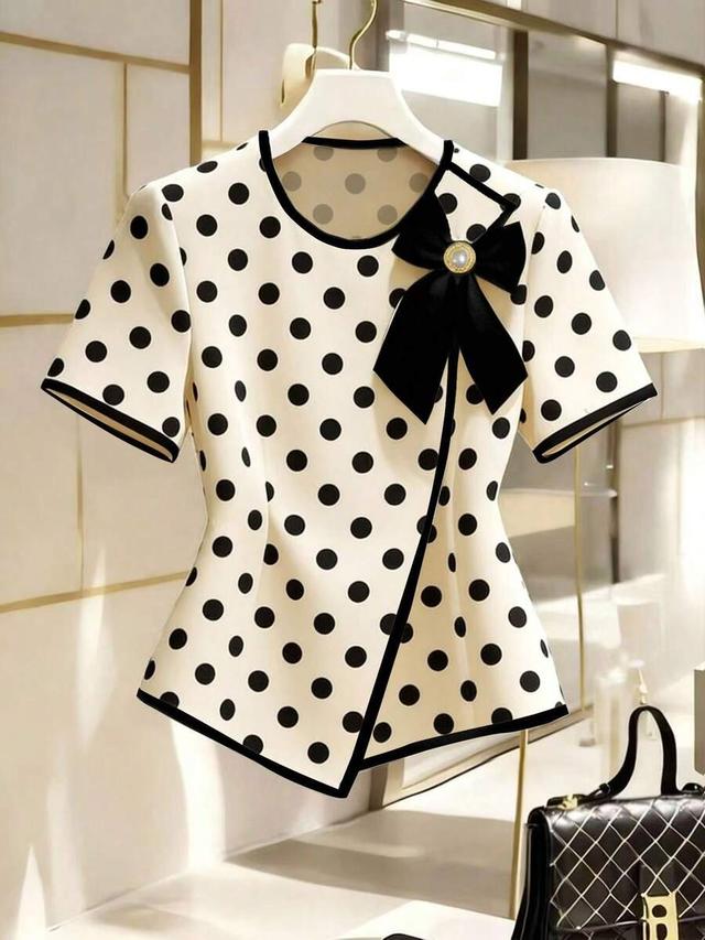 elegant polka dot short sleeve blouse with bow