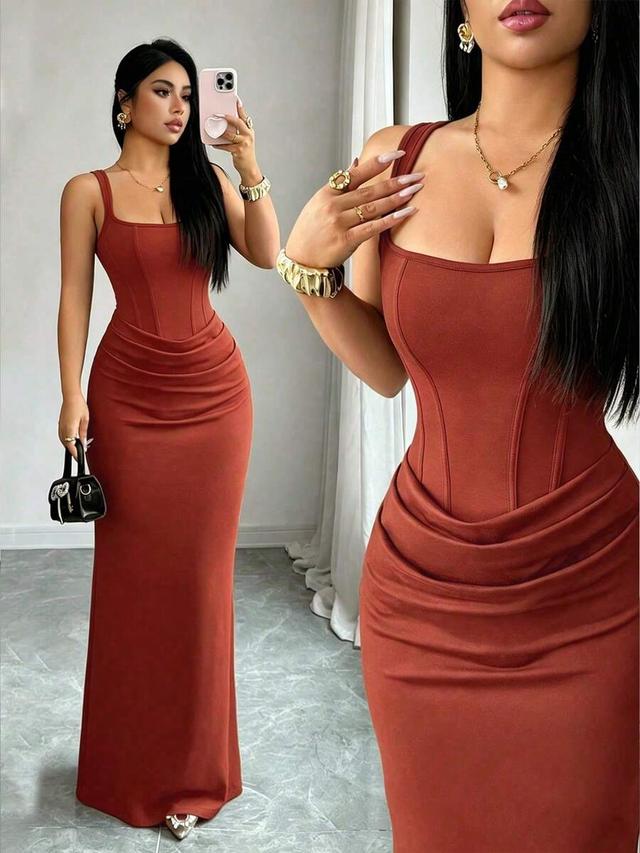 rust brown square neck faux boning bodycon gown