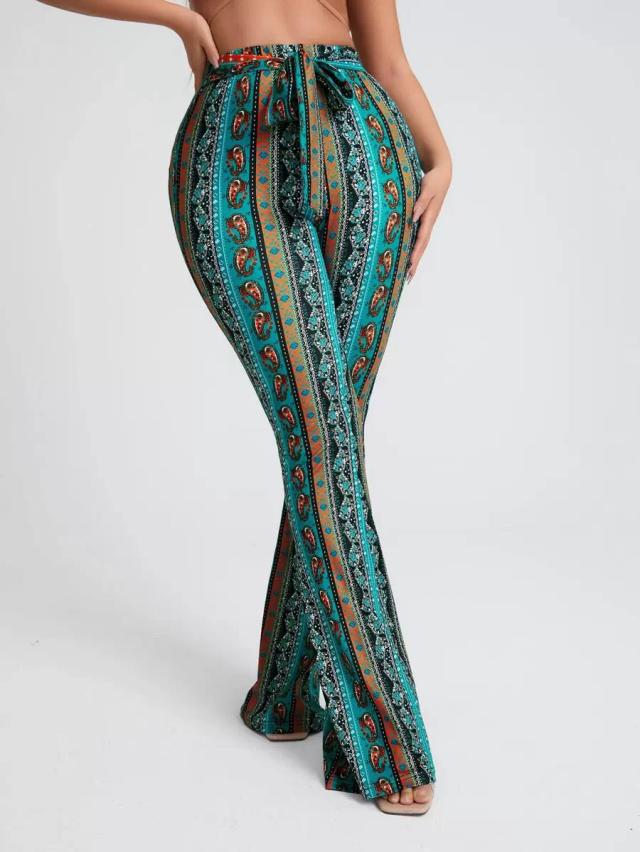 floral paisley print knot front flare leg pants