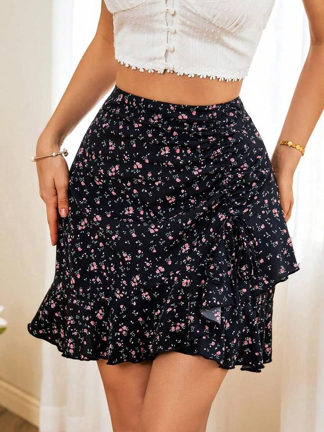 ditsy floral ruffle hem drawstring mini skirt