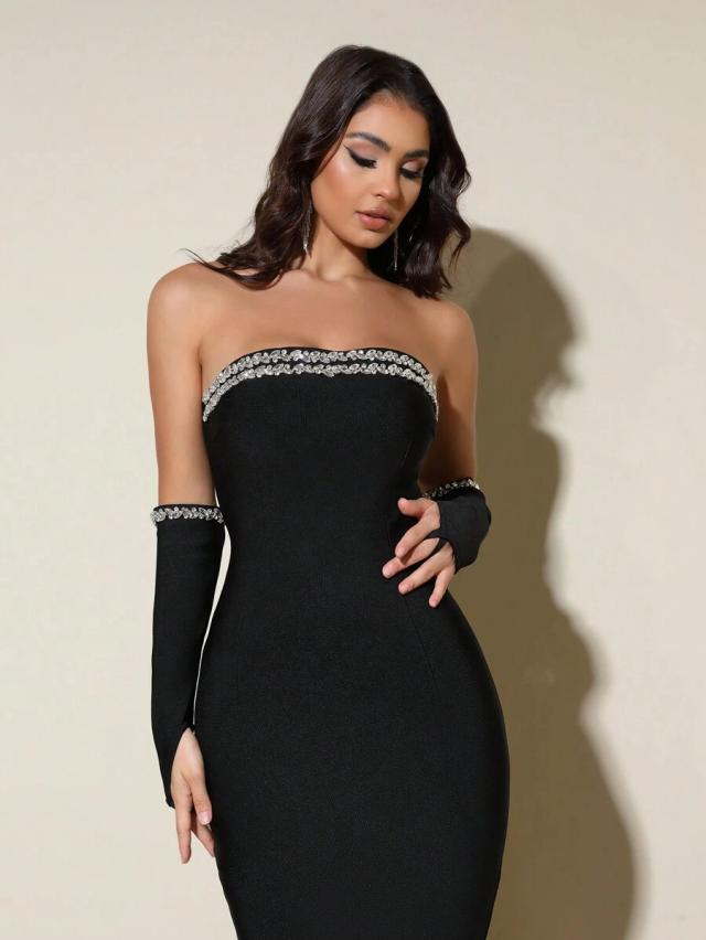 black strapless rhinestone embellished cocktail party dress
