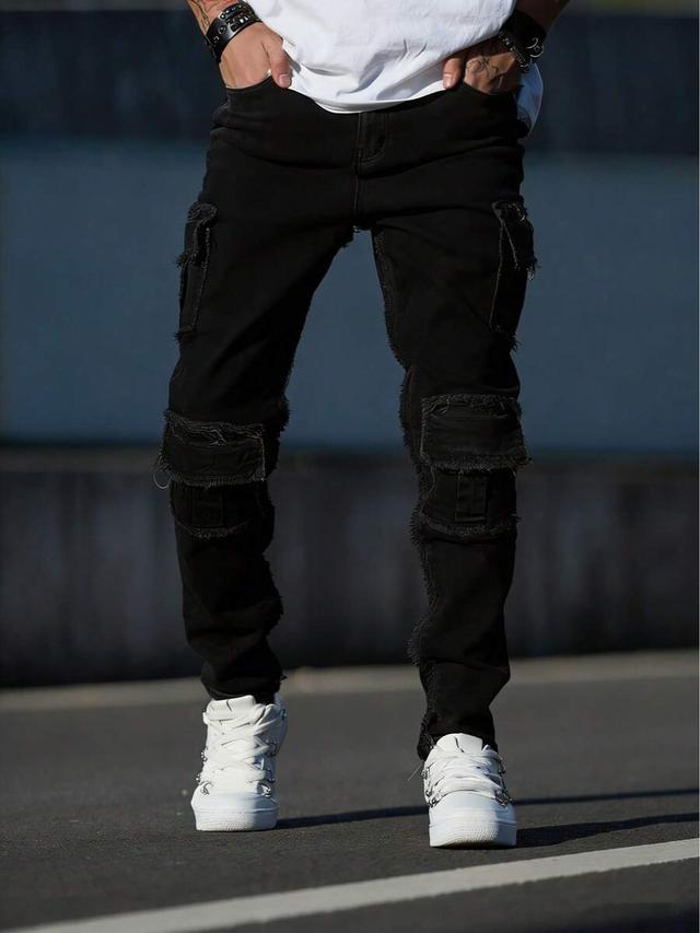 men's black slim fit distressed denim cargo pants
