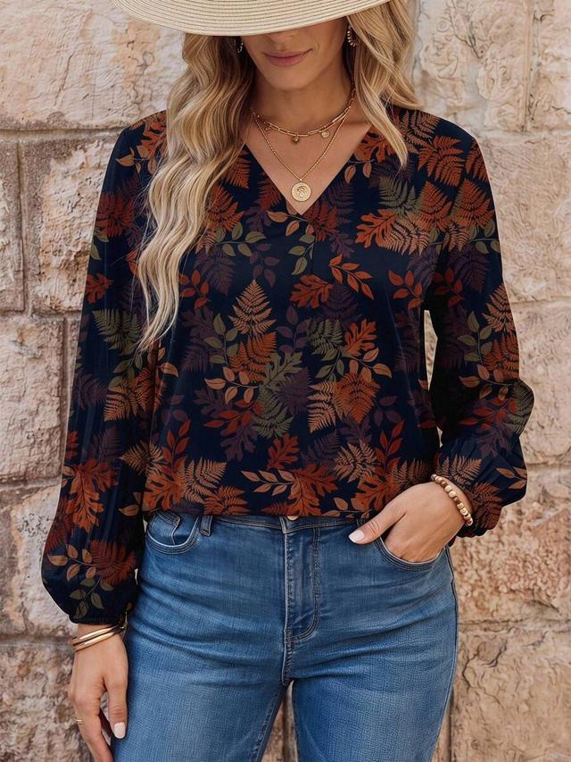 ditsy floral vintage pattern v-neck long sleeve blouse