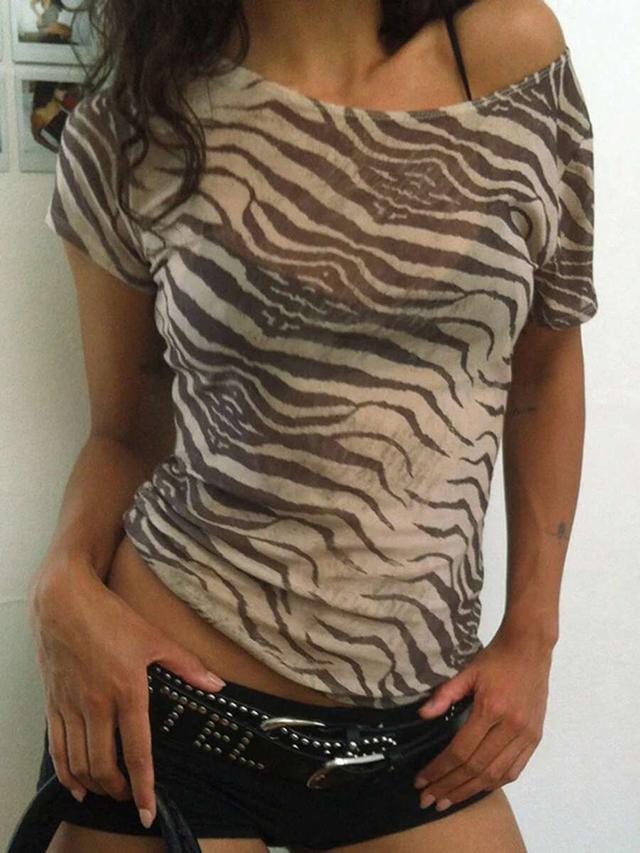 brown zebra print mesh short sleeve top