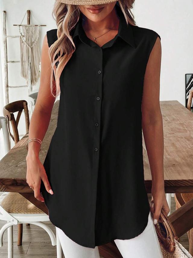 elegant solid black sleeveless collared button-down shirt