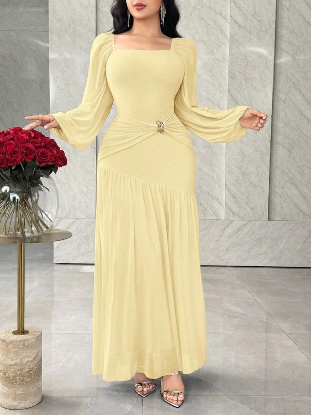 feyla solid color square neck lantern sleeve elegant dress