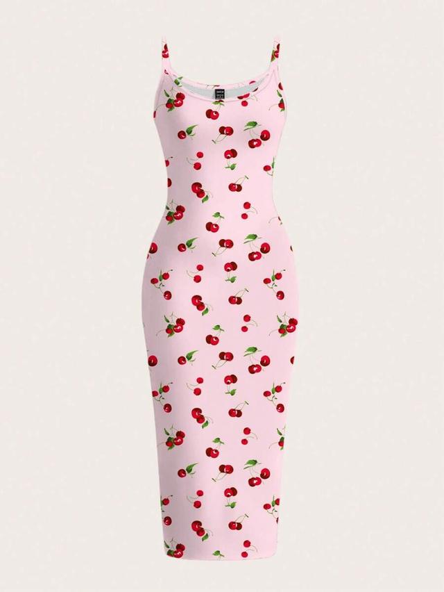 pink cherry print bodycon slip dress