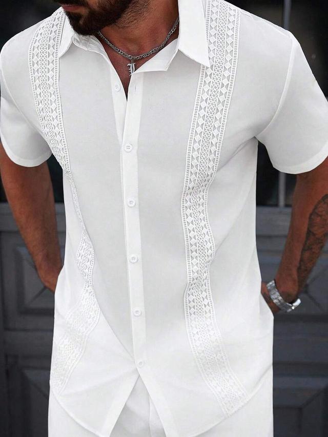 white contrast lace panel short sleeve casual shirt