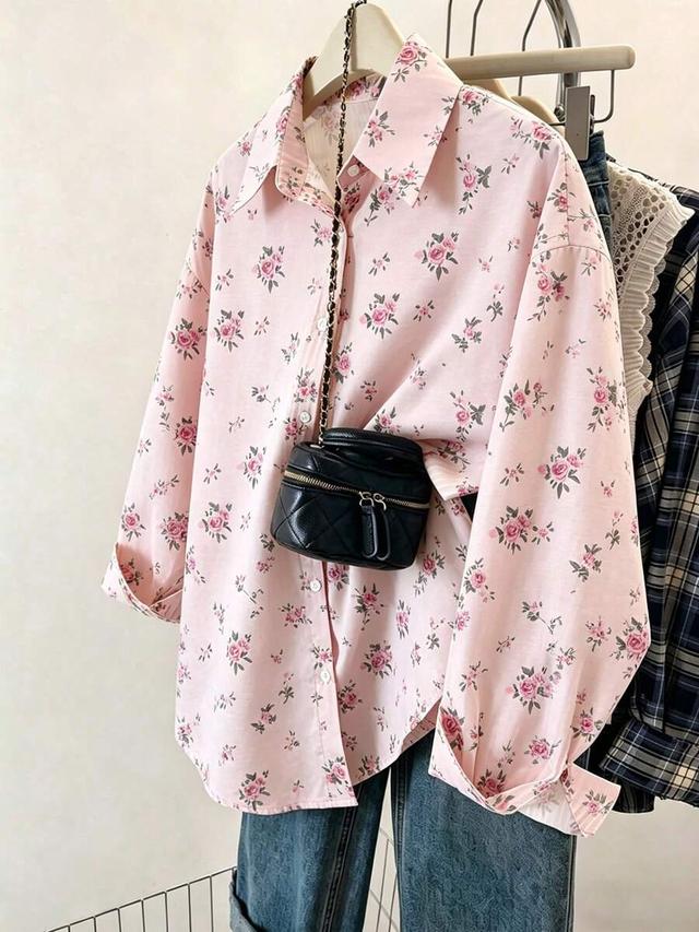 pink floral print long sleeve button-up shirt