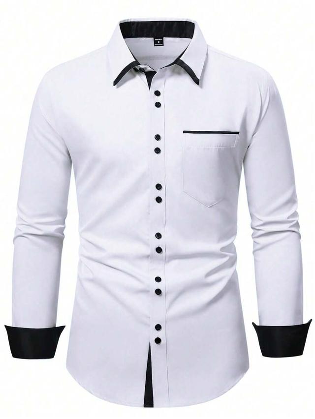 calvornis men contrast color patchwork long sleeve formal shirt