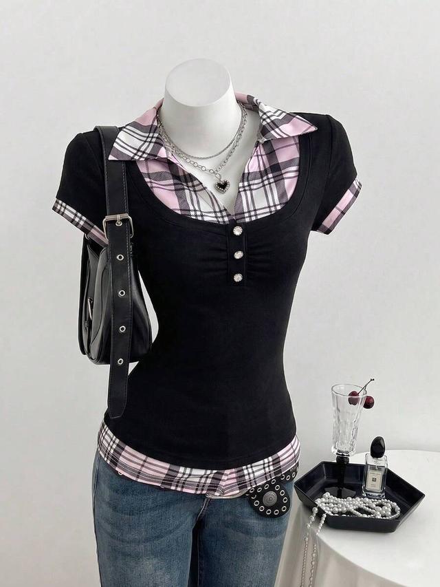 women's black and pink plaid patchwork short sleeve shirt
