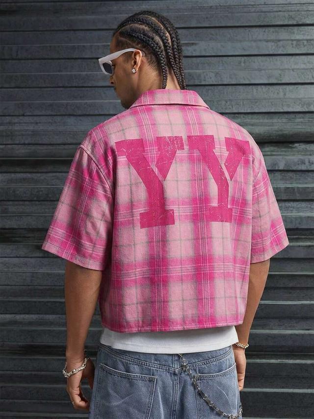 pink plaid short sleeve loose fit button up shirt