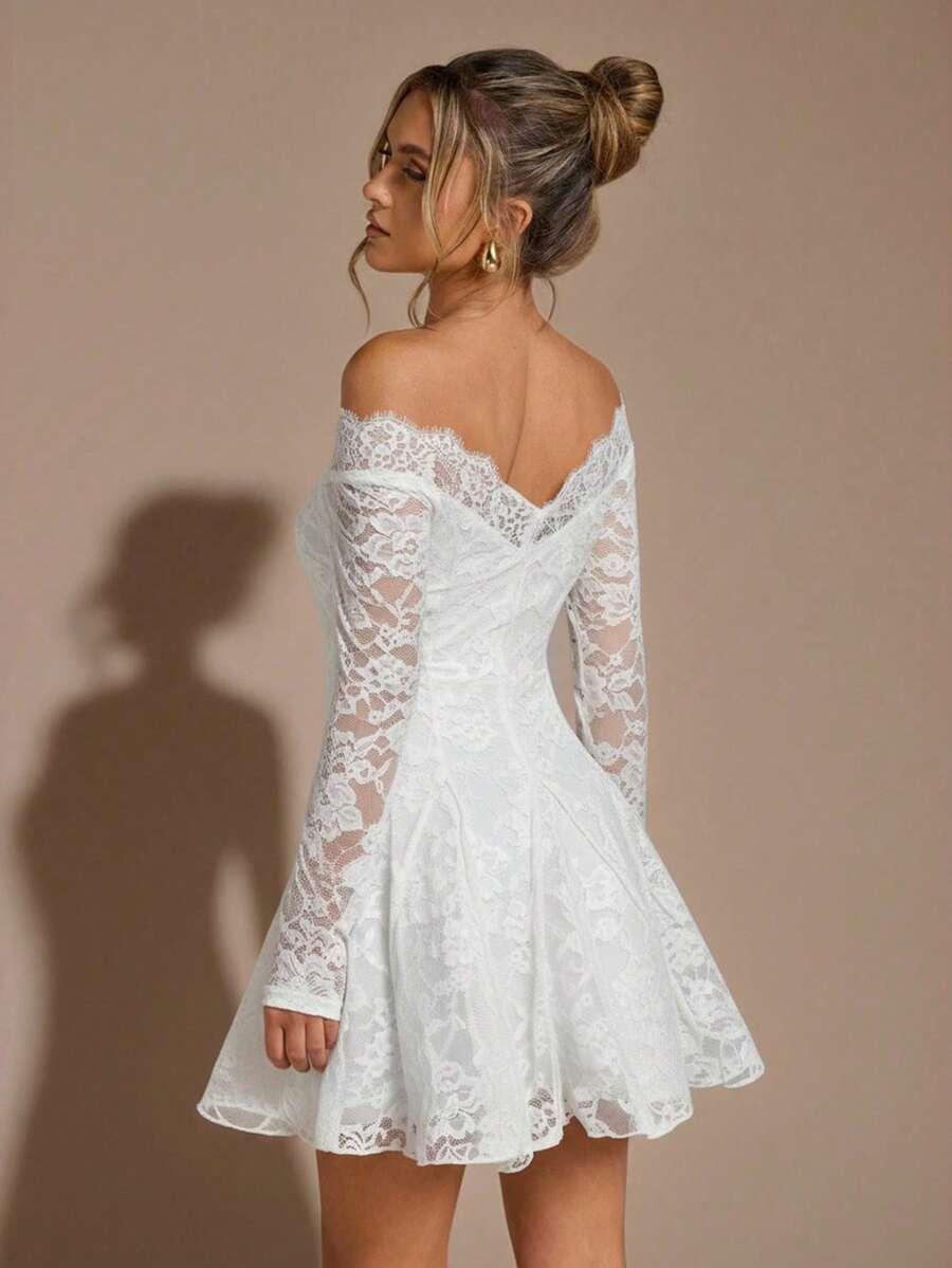 white lace off shoulder long sleeve mini dress