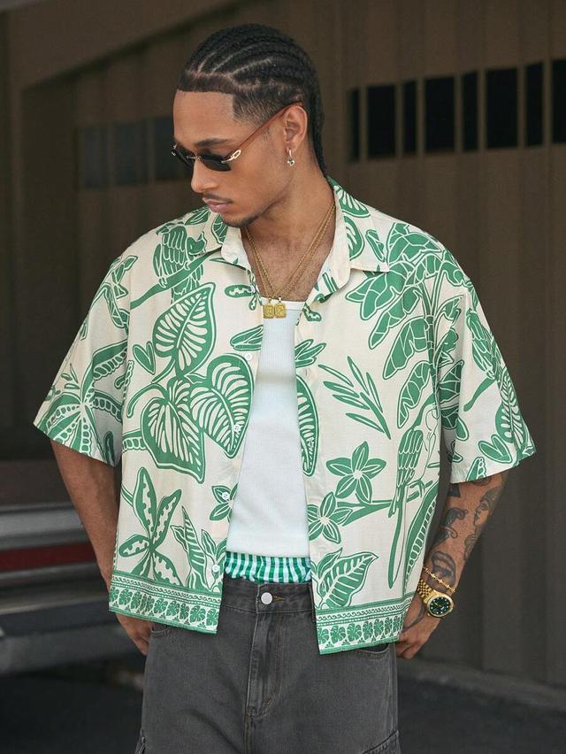 green and cream floral print short sleeve shirt