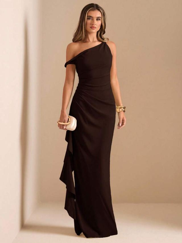 chocolate brown one-shoulder draped midi dress
